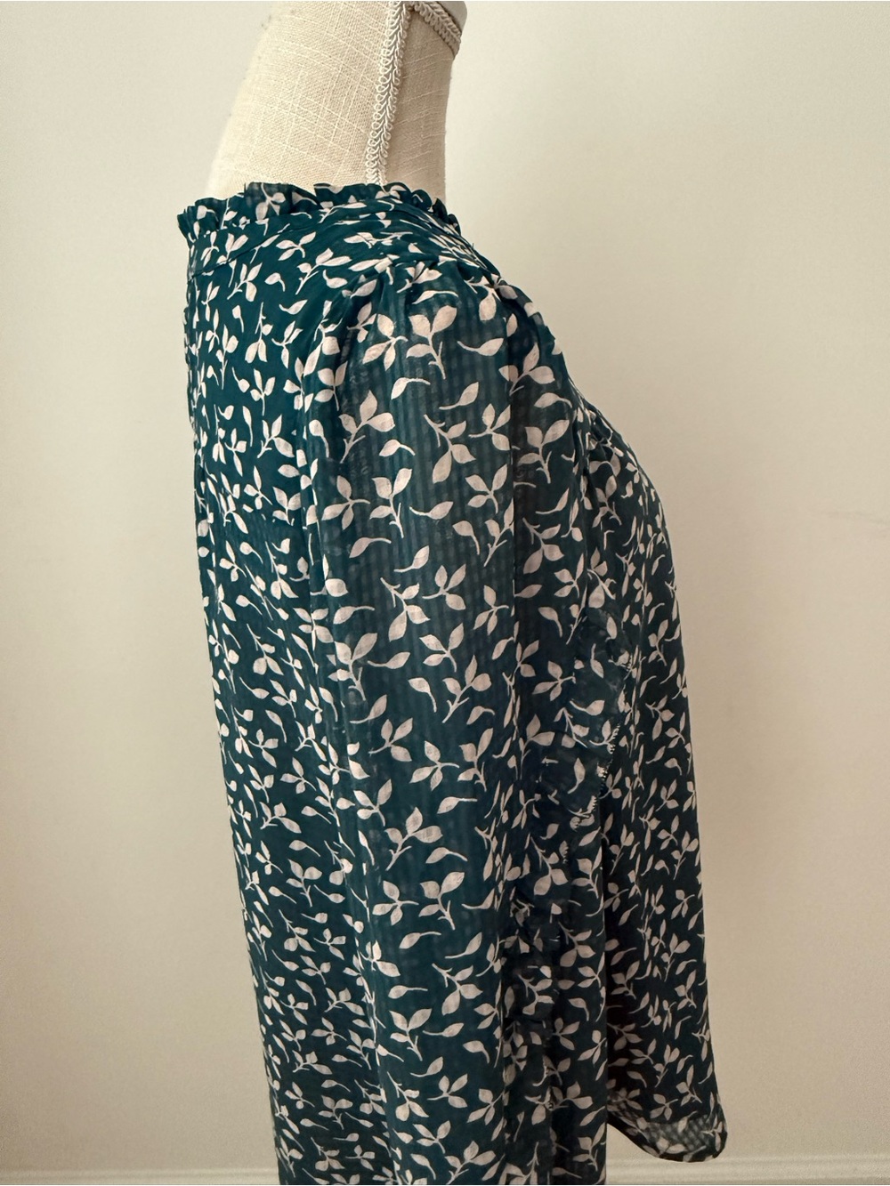 LOFT Teal Leaf-Print Button Henley Blouse - Picture 4 of 6